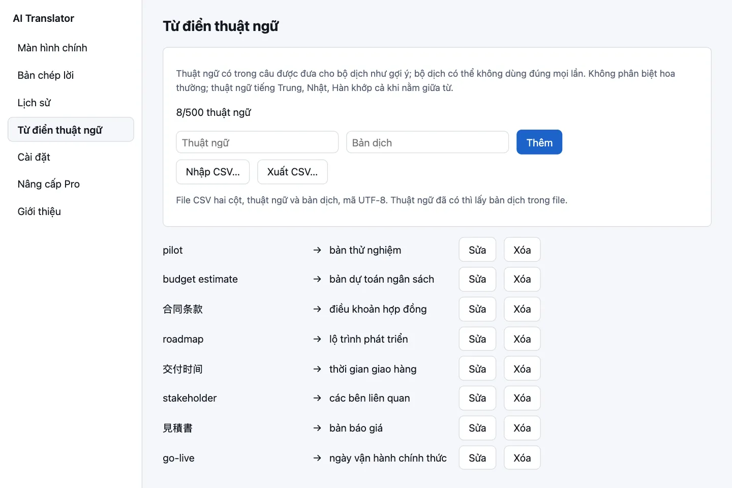 Từ điển thuật ngữ với các cặp thuật ngữ nguồn và bản dịch cùng nút nhập và xuất CSV