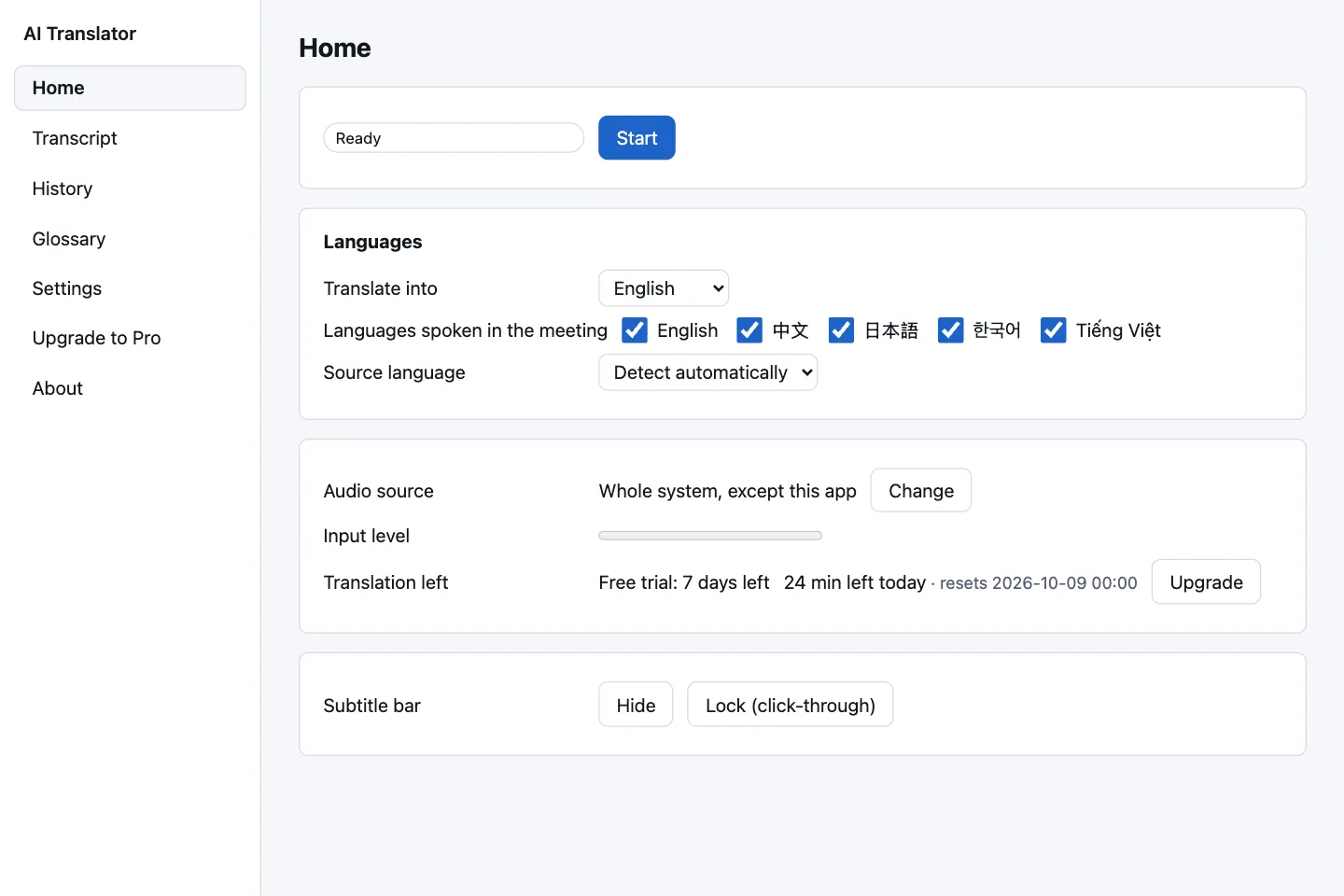 AI Translator main screen with the Languages card: the language to translate into and the languages spoken in the meeting