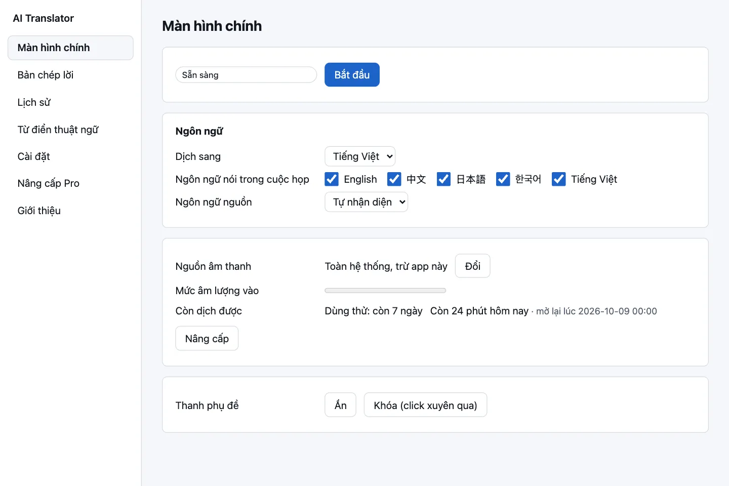 Màn hình chính của AI Translator với thẻ chọn ngôn ngữ dịch và ngôn ngữ nói trong cuộc họp