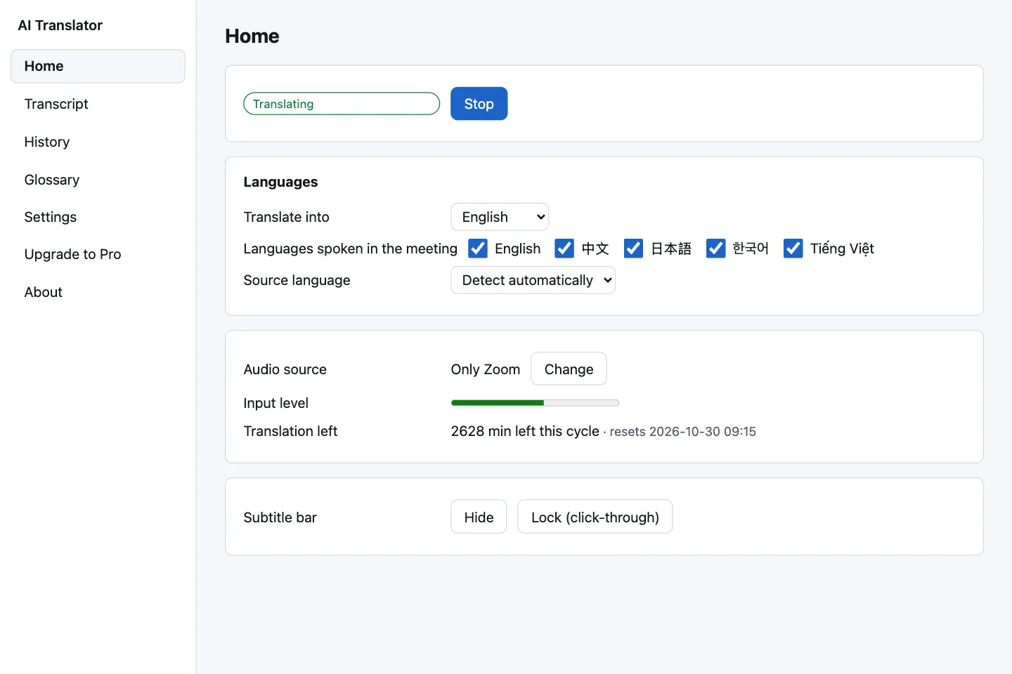 AI Translator main screen during a session: status Translating, languages, audio source and the translation time left