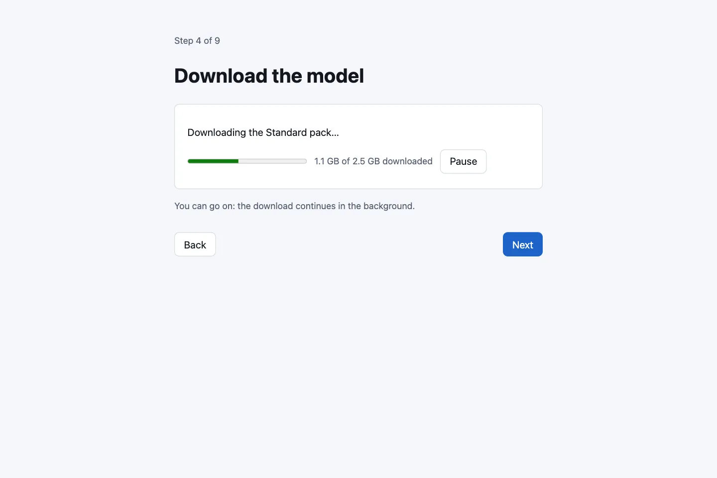 Model download step with a progress bar and a pause button