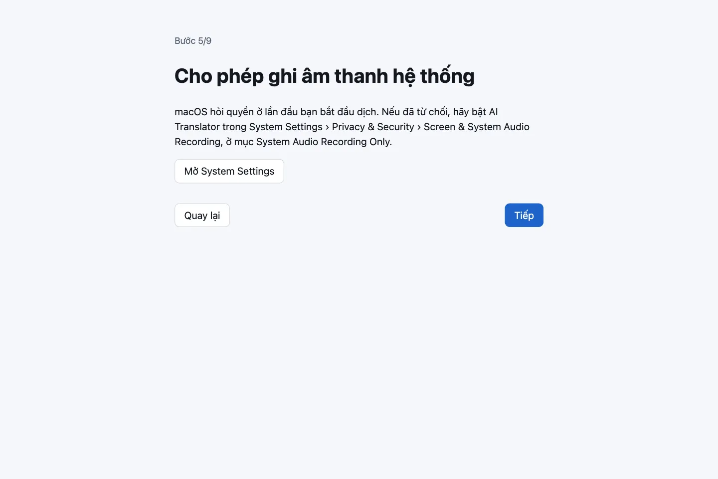 Bước Cho phép ghi âm thanh hệ thống kèm nút Mở System Settings