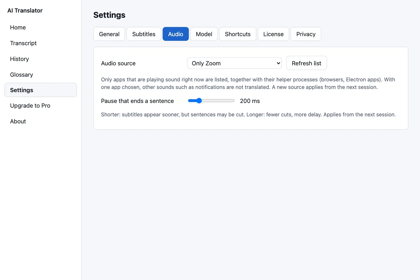 Audio settings listing the apps that are playing sound so you can choose one as the source