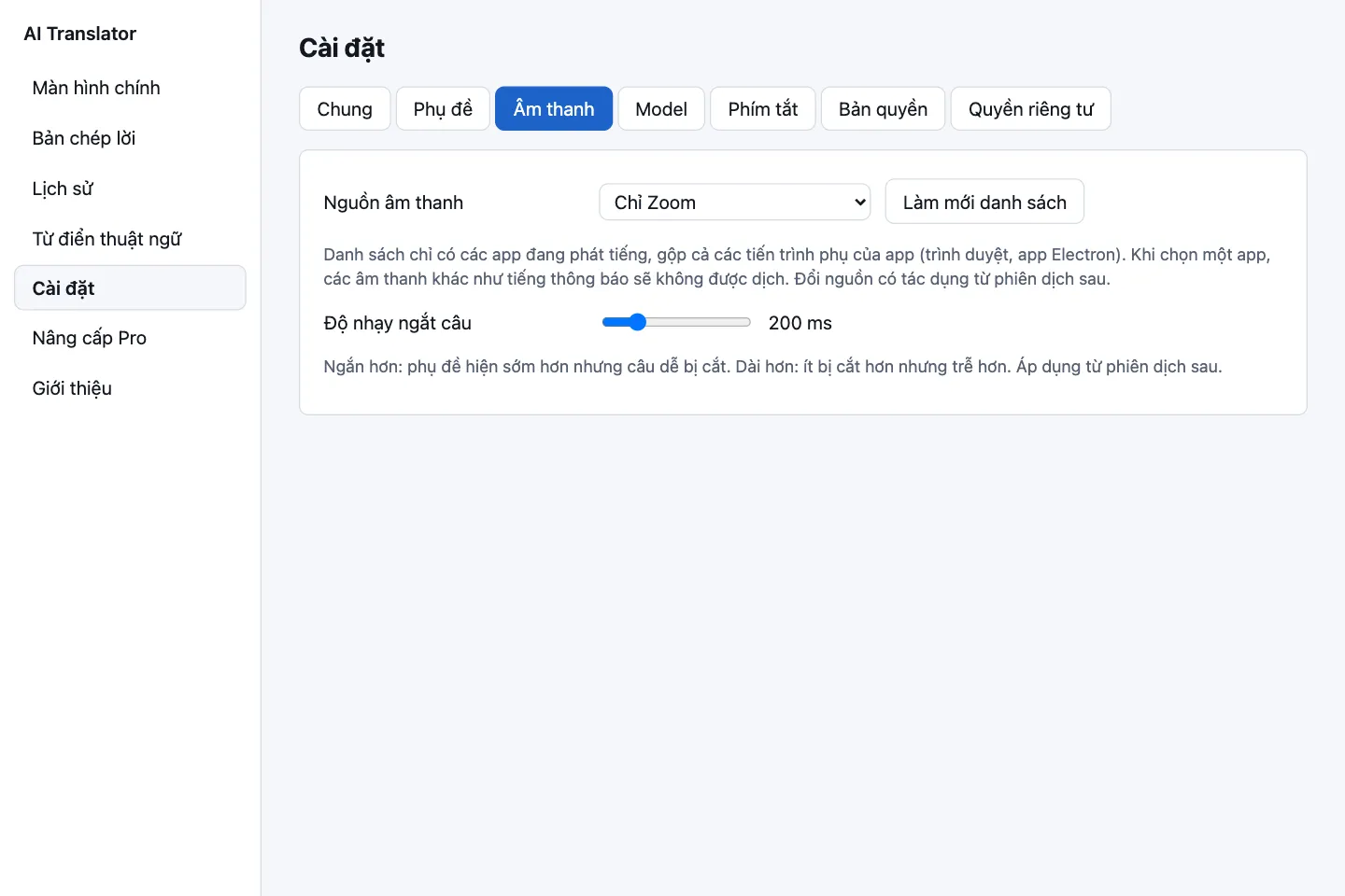 Cài đặt Âm thanh liệt kê các app đang phát tiếng để chọn làm nguồn