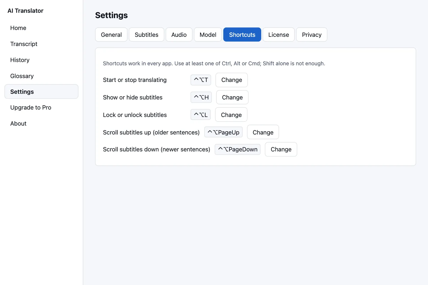 Shortcuts settings showing the five default shortcuts on macOS