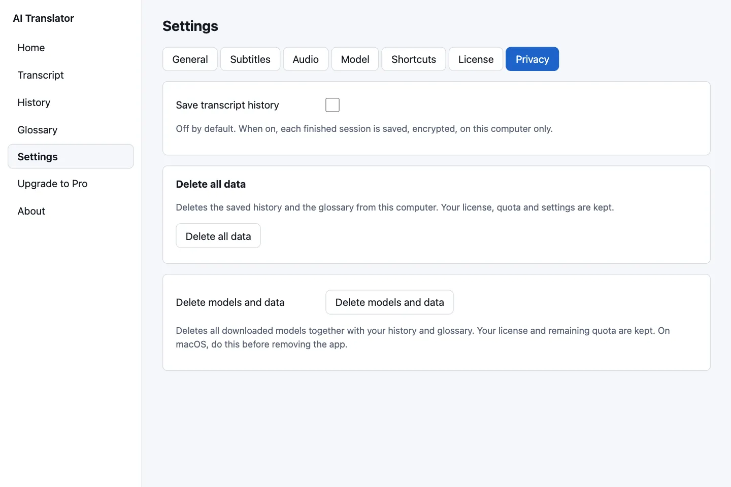 Privacy settings: the Save transcript history switch, the Delete all data button and the Delete models and data button