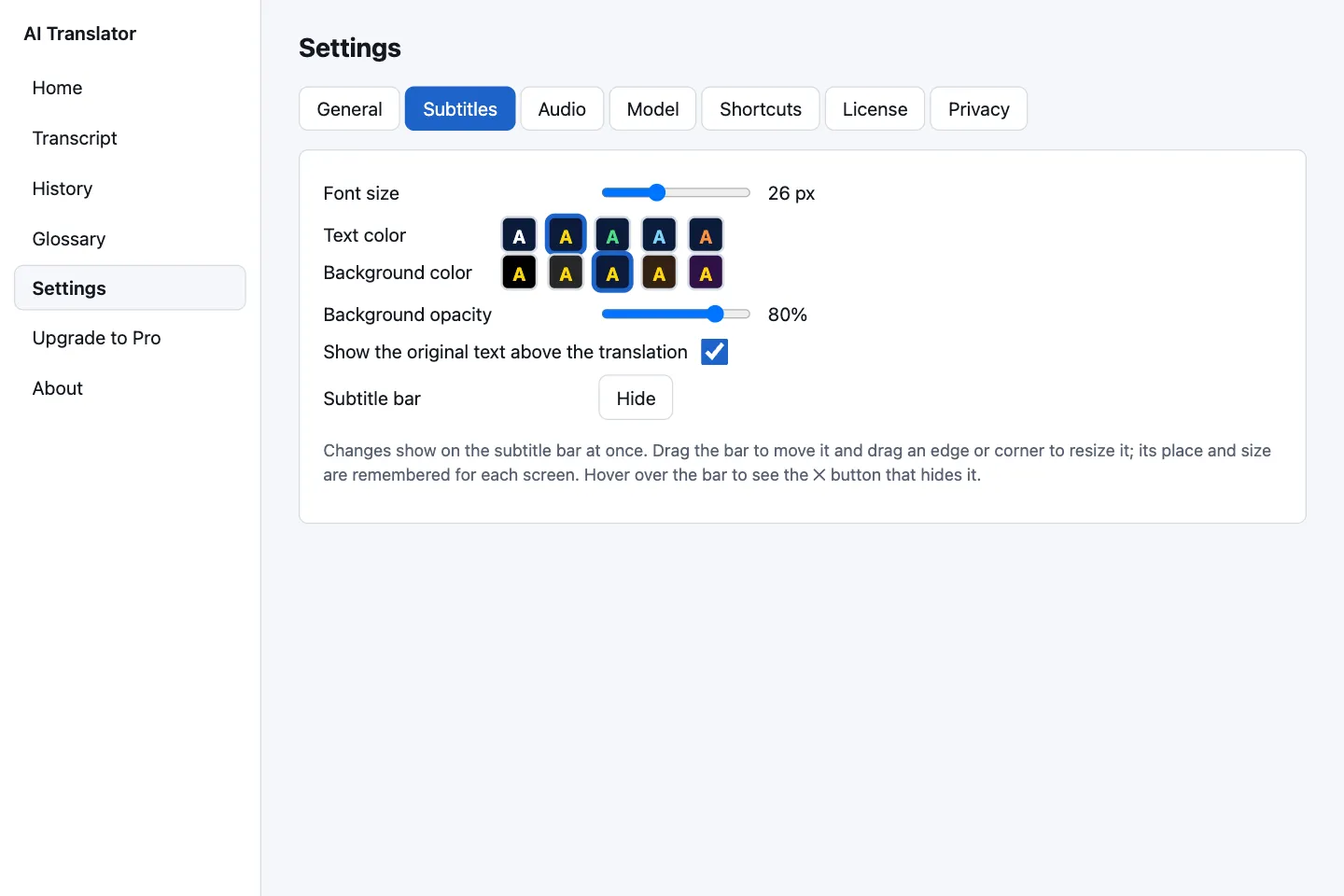 Subtitles settings: font size, text color, background color, background opacity and the option to show the original text