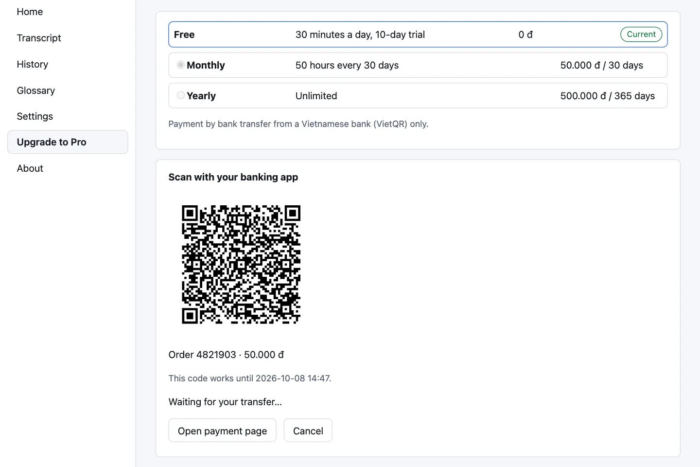 A VietQR code drawn inside the app with the order number, the code’s expiry time, an Open payment page button and a status line waiting for the transfer