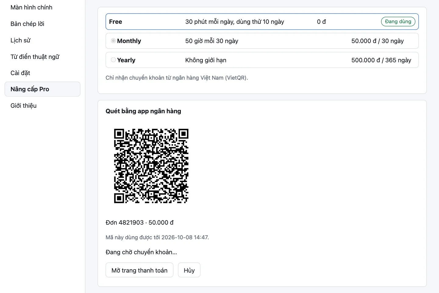 Mã VietQR hiện trong app kèm mã đơn, giờ hết hạn của mã, nút Mở trang thanh toán và dòng trạng thái đang chờ chuyển khoản