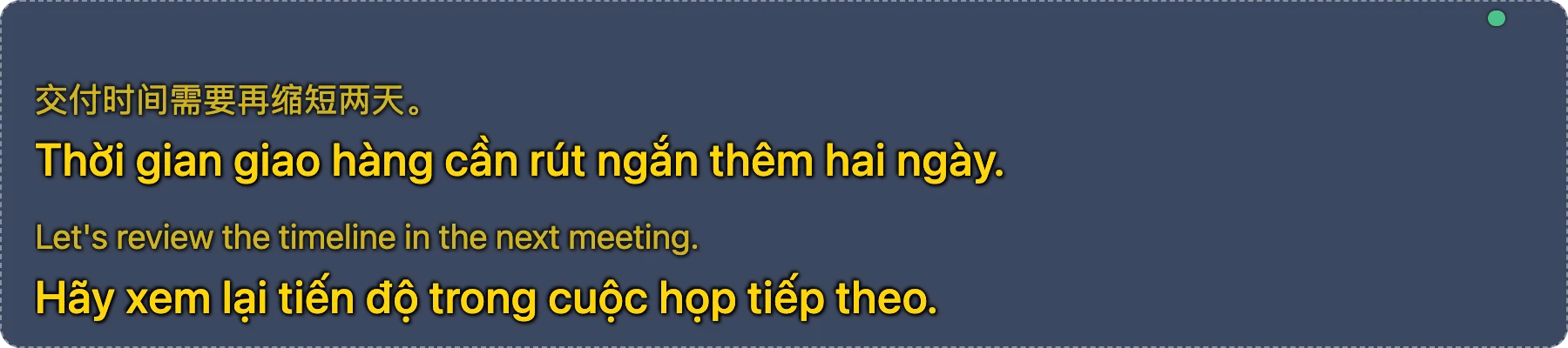Thanh phụ đề với chữ vàng trên nền xanh navy, cỡ chữ lớn