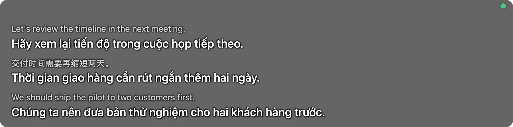 Thanh phụ đề đã khóa, không viền, không có nút nào, hiện bản dịch trên nền cuộc họp